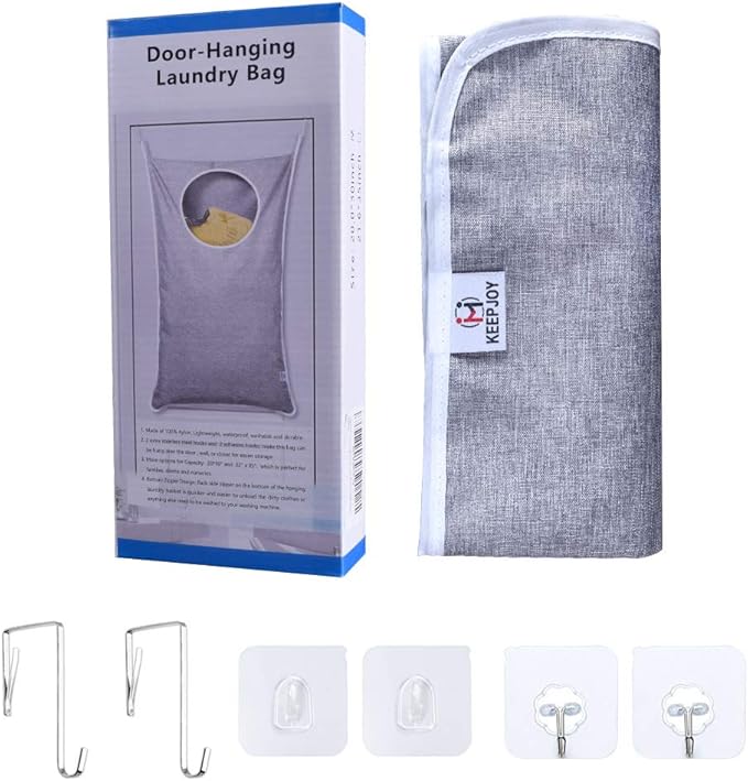 KEEPJOY Hanging Laundry Hamper Bag with 2 Different Types of Hooks, Size 20 x 30 Inch Door Laundry Hamper Storage Bag for Dirty Clothes, Blankets, and Toys (Grey, 1-Pack)