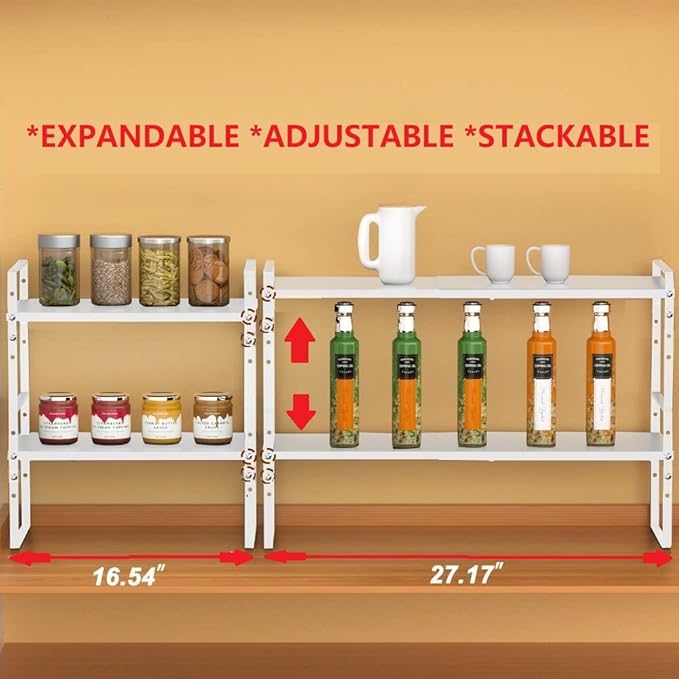 Jojocross Expandable Stackable Spice Rack Cabinet Shelf Organizer in Cabinets Shelves Kitchen Cupboard Organization Stack up Racks Pantry Countertop Storage Medium/White 1 Pack