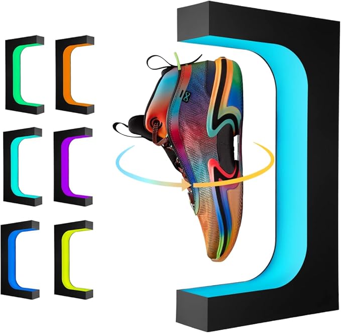 UVEHAS Levitating Shoe Display Stand, Floating Sneaker Stand with Remote 16 Colors LED Light Rotating Magnetic Levitation Shoe Rack for Home Decor Store Advertising Exhibition Shoes Collectors