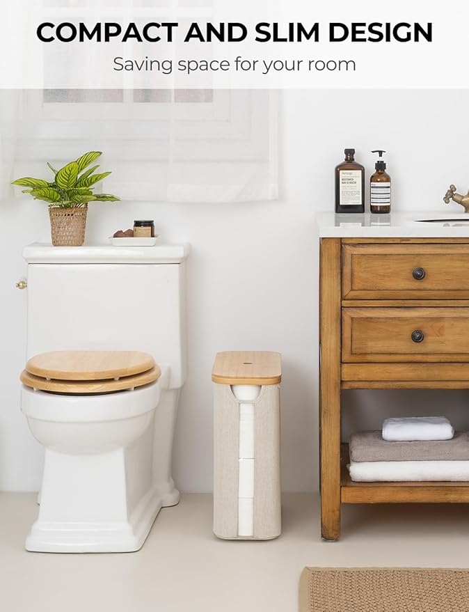StorageWorks Large Toilet Paper Storage with Bamboo Lid, Toilet Paper Holder Basket for Up to 12 Mega or 16 Regular Size Rolls, Paper Storage Baskets for Bathroom, Light Khaki, 1 Pack