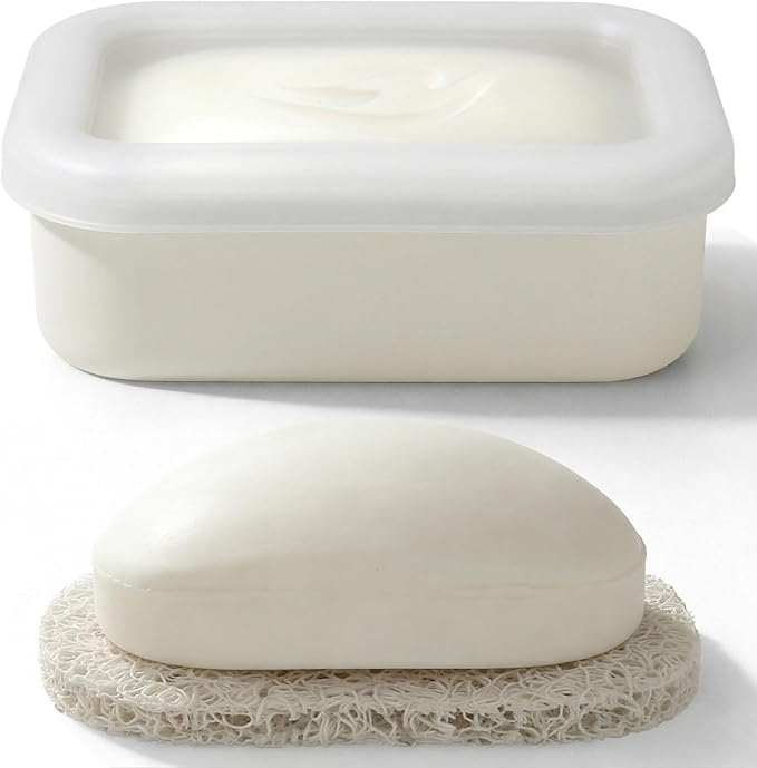AIMAIAIMAI Compact Leakproof Travel Soap Case, Shatterproof Silicone Travel Soap Container with Draining Pad, Great for Outdoor, Camping, Gym (Off-White)