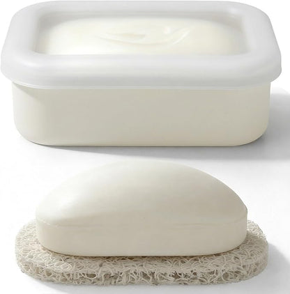 AIMAIAIMAI Compact Leakproof Travel Soap Case, Shatterproof Silicone Travel Soap Container with Draining Pad, Great for Outdoor, Camping, Gym (Off-White)