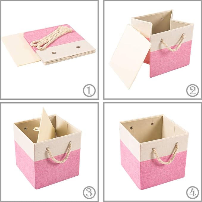 PRANDOM Large Foldable Cube Storage Bins 11x11 inch [4-Pack] Fabric Linen Storage Baskets Cubes Drawer with Cotton Handles Organizer for Shelves Nursery Closet Bedroom Pink