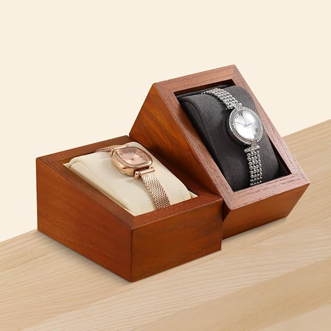 Wooden Watch Display Stand With Pillow, Wristwatch Organizers, Men Women Watch Storage Holder (Willow Wood, Beige Velvet)
