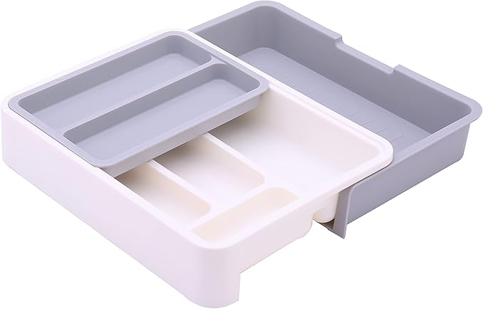HornTide 3-in-1 Cutlery Tray, Expandable Utensils Holder, Plastic Kitchen Drawer Organizer for Silverware Storage and More - Gray