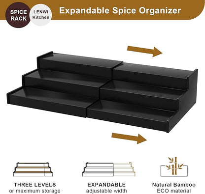 Lenwi Spice Rack Organizer for Cabinet, 3 Tier Expandable Bamboo Spice Storage for Kitchen Cupboard Pantry, Black
