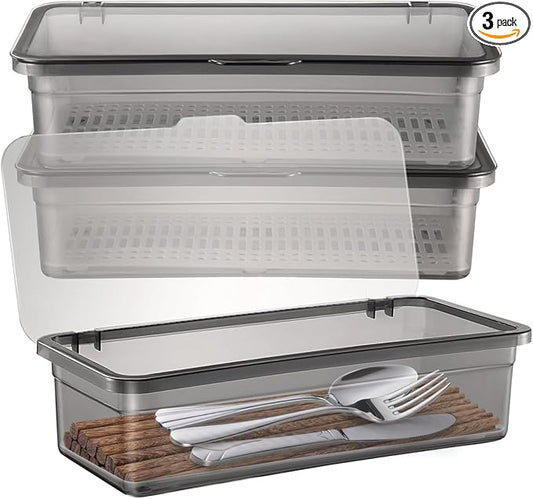 Cabilock 3 Pack Silverware Organizer with Lid, Cutlery Tray Utensil Holder for Kitchen Drawer, Dustproof Flatware Storage Box with Drainer for RV Camping, Black