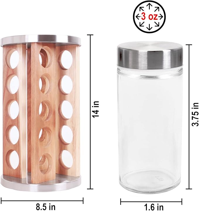 Orii 20 Jar Rotating Light Acacia Wood Spice Rack with Spices Included & 5-Year Spice Refill Program – Natural Wood Countertop Spice Rack with Glass Jars