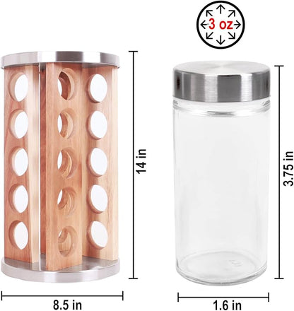 Orii 20 Jar Rotating Light Acacia Wood Spice Rack with Spices Included & 5-Year Spice Refill Program – Natural Wood Countertop Spice Rack with Glass Jars