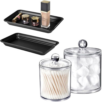 SheeChung Qtip Dispenser Holder Bathroom Vanity Organizer Apothecary Jars Canister Set for Cotton Ball，2 Pack,15 Oz. & 20 Oz.&Vintage Farmhouse Decor Metal Vanity Tray(Black，2 Pack)