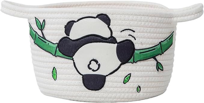 SHCMSADO Cute Panda Cotton Rope Storage Basket – Round Toy Basket with Handles, Delicate and Durable Shelf Organizer for Toys, Clothes, Closet, 10.63 x 7.08 Inches, White