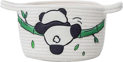 SHCMSADO Cute Panda Cotton Rope Storage Basket – Round Toy Basket with Handles, Delicate and Durable Shelf Organizer for Toys, Clothes, Closet, 10.63 x 7.08 Inches, White