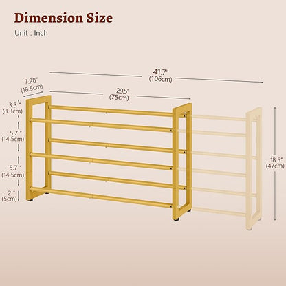 FAVOOSTY 3-Tier Expandable Shoe Rack, Adjustable Shoe Shelf Storage Organizer Space Saving Metal Free Standing Shoe Rack for Entryway Closet Doorway, Gold