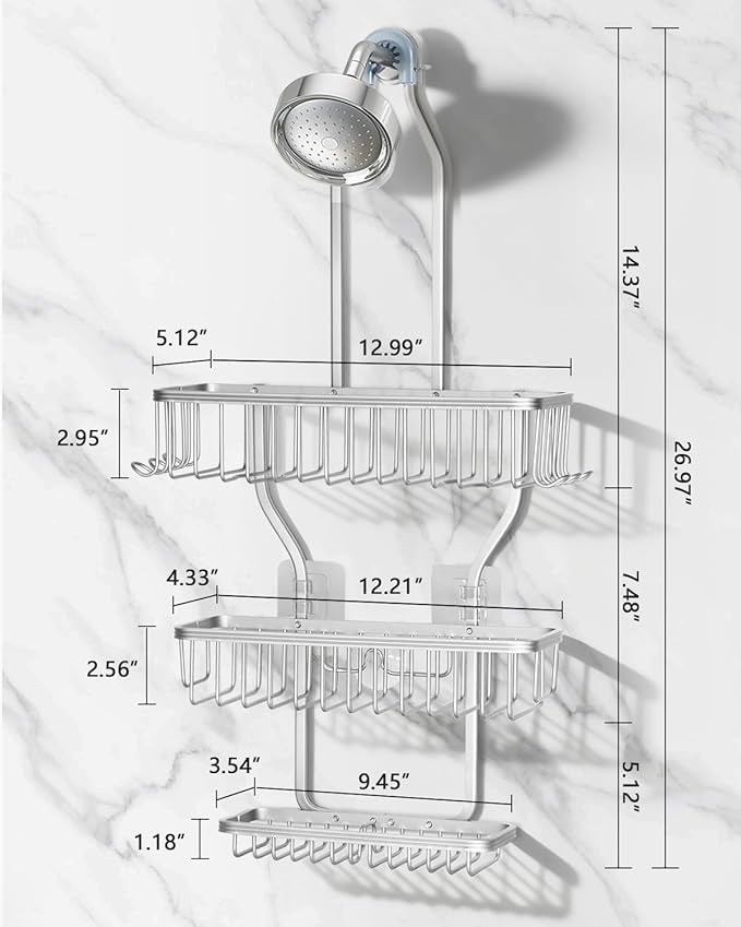 Shower Caddy Hanging - Never Rust Shower Hanging Organizer - Aluminum Over the ShowerHead Caddy with Soap Basket and 6 Hooks for Razor/Sponge (Frosted Silver)