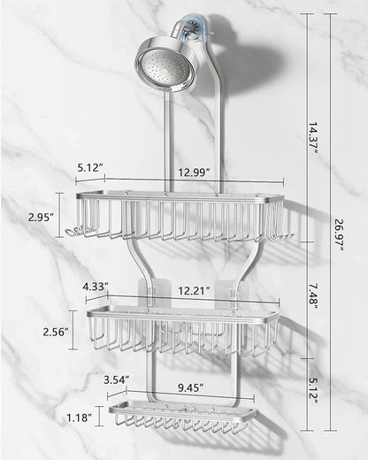 Shower Caddy Hanging - Never Rust Shower Hanging Organizer - Aluminum Over the ShowerHead Caddy with Soap Basket and 6 Hooks for Razor/Sponge (Frosted Silver)