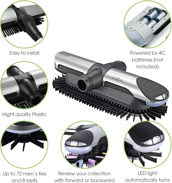 Aniva Motorized Tie Rack Closet Organizer with LED Lights Includes J Hooks for Wired Shelving Stores Up to 72 Ties & 8 Belts, Operates with Batteries