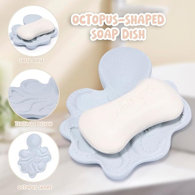 ZAWUU Resin Draining Octopus Soap Dish with Embossed Design – Multiuse Holder for Bathroom & Kitchen (Blue, Octopus)