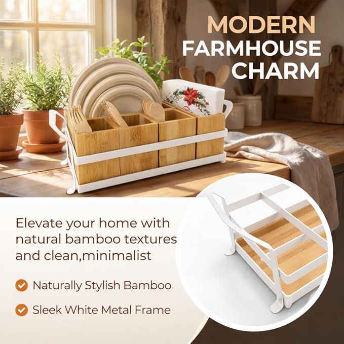 Bamboo Utensil Caddy with Handle - 5 Compartment Silverware Holder for Party & Kitchen Countertop - Removable Wooden Flatware Organizer for Picnic, BBQ, Buffet, RV & Outdoor Dining