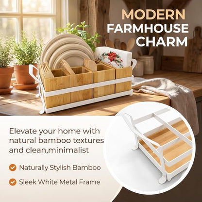 Bamboo Utensil Caddy with Handle - 5 Compartment Silverware Holder for Party & Kitchen Countertop - Removable Wooden Flatware Organizer for Picnic, BBQ, Buffet, RV & Outdoor Dining