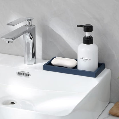 Small Silicone Bathroom Vanity Tray Rectangle Soap and Sponge Holder Kitchen Sink Organizer for Scrubber, Lotion Bottles, Perfume, Jewelry, Candle, Key Trinket Ring, Dark Blue