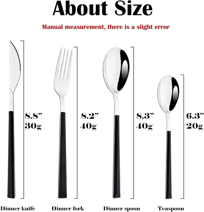 24Pcs Black Handle Silver Flatware Silverware Set, Stainless Steel Cutlery Set for 6, Square Handle Eating Utensils, Mirror Polished for Home Kitchen Bar Restaurant
