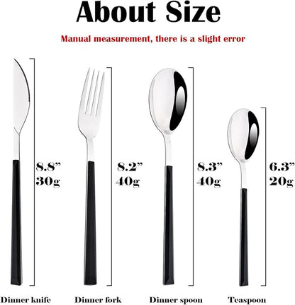 24Pcs Black Handle Silver Flatware Silverware Set, Stainless Steel Cutlery Set for 6, Square Handle Eating Utensils, Mirror Polished for Home Kitchen Bar Restaurant