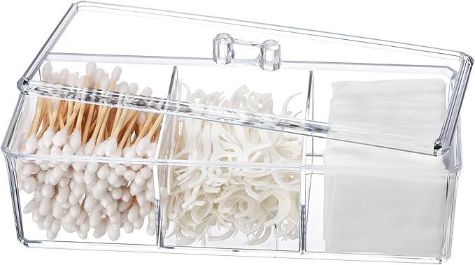 Qtip Holder Transparent 3 Compartments Cotton Ball and Swab Holder Organizer with Lid,Jar for Cotton Rounds,Bathroom Containers,Clear Acrylic Desk Organizer for Makeup Pads,Cosmetics Bedroom