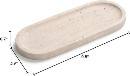Oval Travertine Stone Tray for Jewelry, Candles, Perfume, Decorative Marble Bathroom Tray for Countertop Organizer 9.8inch x 3.9inch x 0.7inch