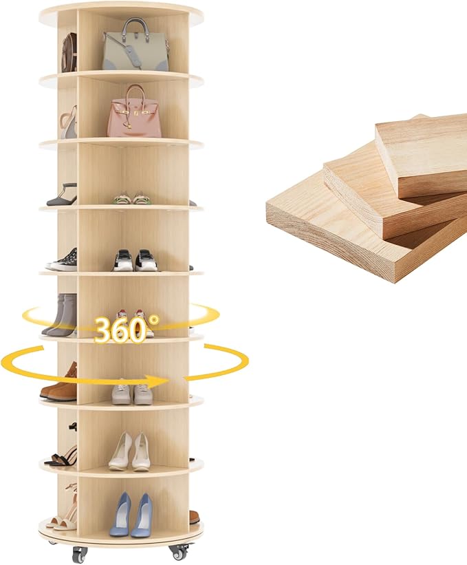 8 Tier Rotating Shoe Rack, Shoe Tower Organizer with 4 Universal Casters, Spinning Lazy Susan Display Storage Rack Round Carousel Vertical Handbag Closet (Natural, 23.6’’×23.6’’×74’’)