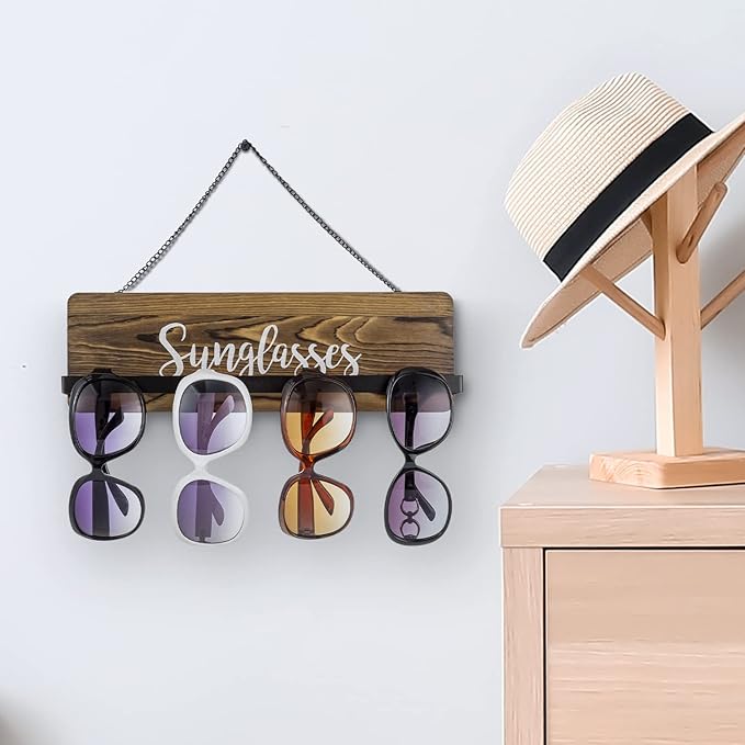 MyGift Rustic Burnt Wood Wall Mounted Sunglasses Storage Holder, Eyewear Hanging Display Organizer Rack with Cursive Sunglasses Lettering, Set of 2