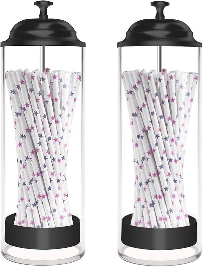 Straw Holder for Counter, Straw Dispenser Organizer for Standard Size Drinking Straws, Acrylic Plastic Straws Container Dispenser Storage for Counter with Lid Black(1 or 2 PACK) (2 Packs)