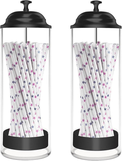 Straw Holder for Counter, Straw Dispenser Organizer for Standard Size Drinking Straws, Acrylic Plastic Straws Container Dispenser Storage for Counter with Lid Black(1 or 2 PACK) (2 Packs)