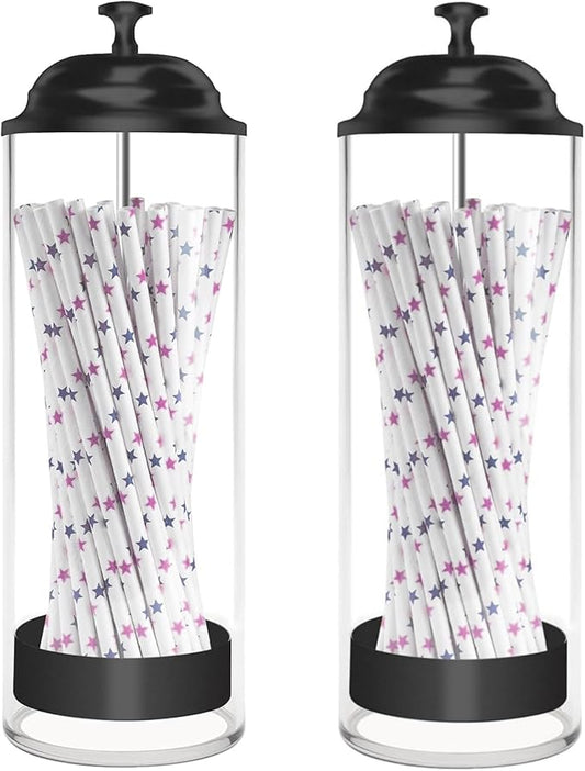 Straw Holder for Counter, Straw Dispenser Organizer for Standard Size Drinking Straws, Acrylic Plastic Straws Container Dispenser Storage for Counter with Lid Black(1 or 2 PACK) (2 Packs)