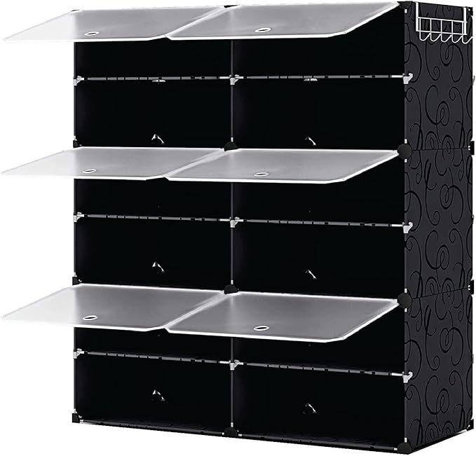 Patented Shoe Racks Organizers Shelves, Floor-Standing, Wall Hanging, Sturdy and extendable. Easy DIY Assembly, for Door Entrance, Closet, and Workplace (2x6Grid, Translucent & Black)