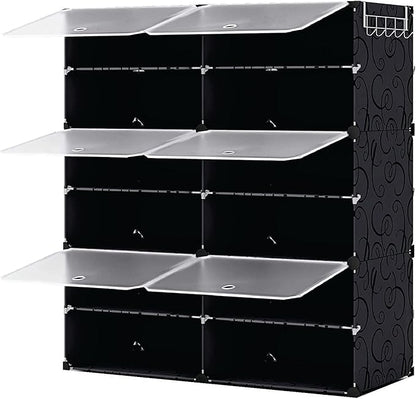 Patented Shoe Racks Organizers Shelves, Floor-Standing, Wall Hanging, Sturdy and extendable. Easy DIY Assembly, for Door Entrance, Closet, and Workplace (2x6Grid, Translucent & Black)