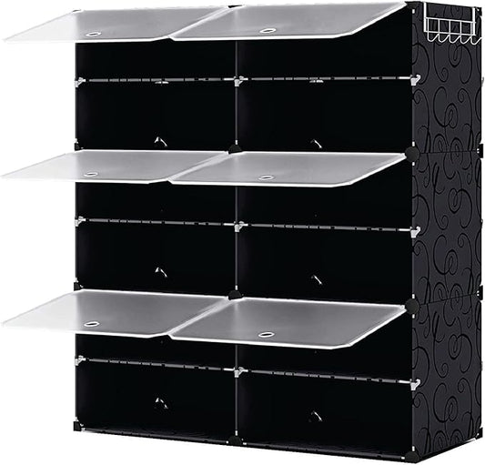 Patented Shoe Racks Organizers Shelves, Floor-Standing, Wall Hanging, Sturdy and extendable. Easy DIY Assembly, for Door Entrance, Closet, and Workplace (2x6Grid, Translucent & Black)