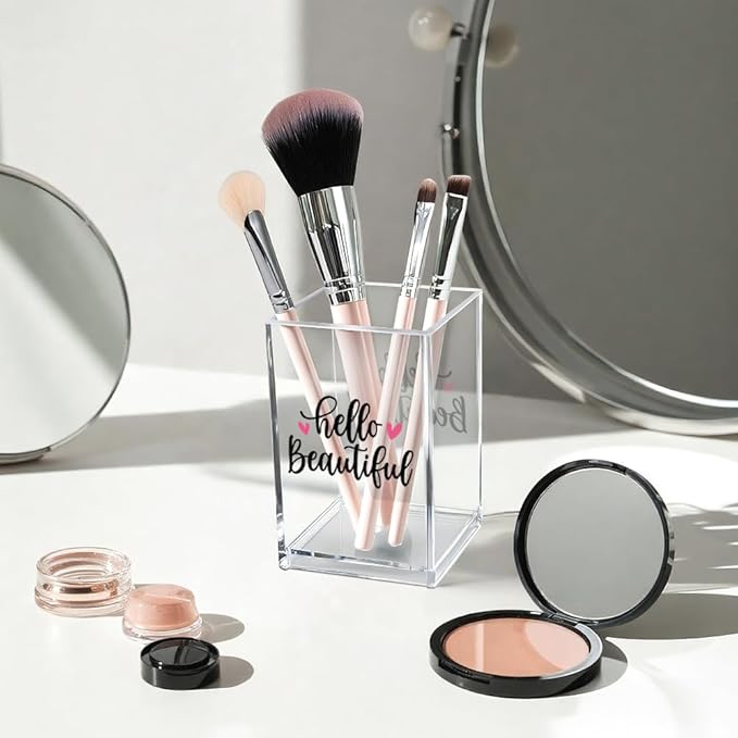 Hello Beautiful Acrylic Makeup Brush Organizer Holder, Positive Affirmation Desk Acrylic Brushes Storage, Make Up Artist Gifts, Morning Affirmation Gifts for Her Wife Sister Friend Makeup Lover