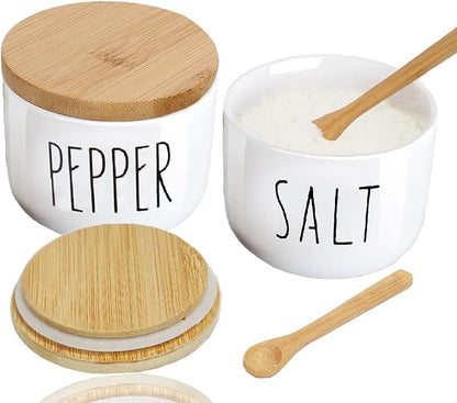 Farmhouse Salt And Pepper Bowls, Stacked Ceramic Salt Cellar With Bamboo Lid, Salt Container With Lid And Spoon, Modern Farmhouse Kitchen Decor, Salt Box