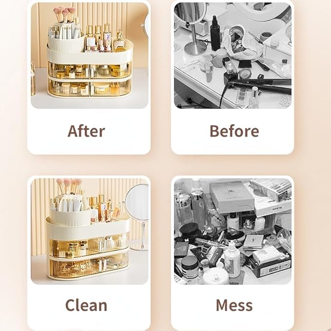 Makeup Organizer for Vanity 360 Rotating Brush Holder Cosmetic Storage with Dustproof Drawer Large Countertop Skincare Display Case for Jewelry Perfume Lotions