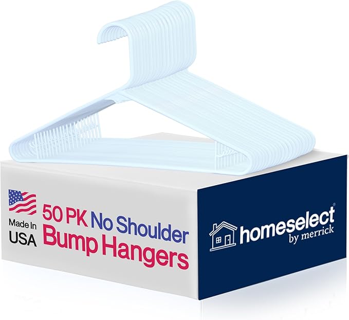 Homeselect 50 Pk Plastic Clothes Hangers Made in USA, No Shoulder Bumps, Space Saving, Hooks for Dresses and Strap, White, 6lb Capacity