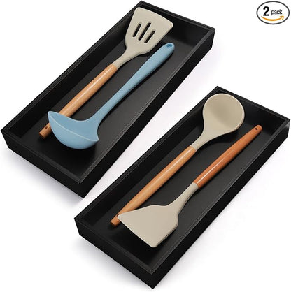 Lixple Bamboo Kitchen Drawer Organizer - Set of 2, Stackable Utensil Organizers, Wooden Storage Box Tray for Cabinet, Pantry, Bathroom Countertop, Multi-use Organization and Storage (Black)