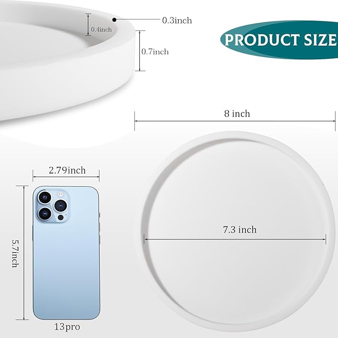 Silicone Bathroom Tray Round Vanity Tray Decorative Soap Holder Kitchen Countertop Organizer Coffee Table Decor for Candle, Perfume, Plant, 8 Inch, White