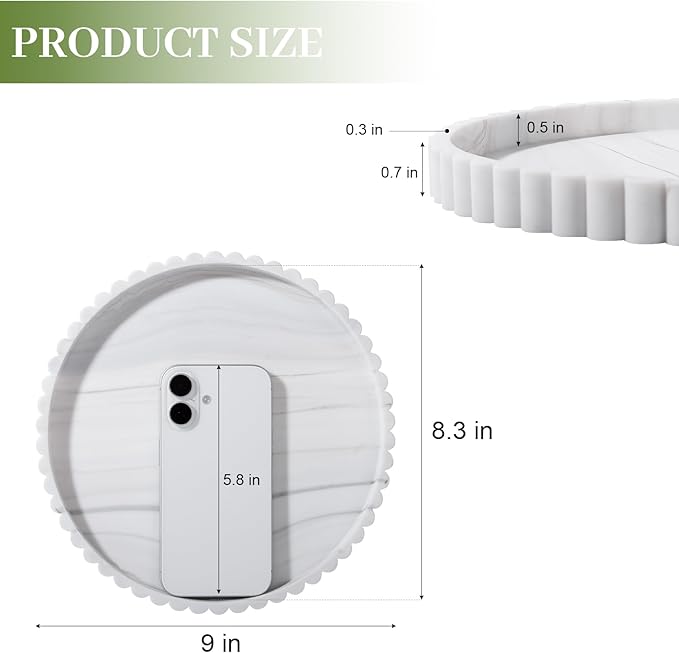 Round Bathroom Tray Silicone Kitchen Counter Decor Vanity Organizer Decorative Coffee Table Tray for Perfume, Candle, Soap Dish, 9 Inch, Marble