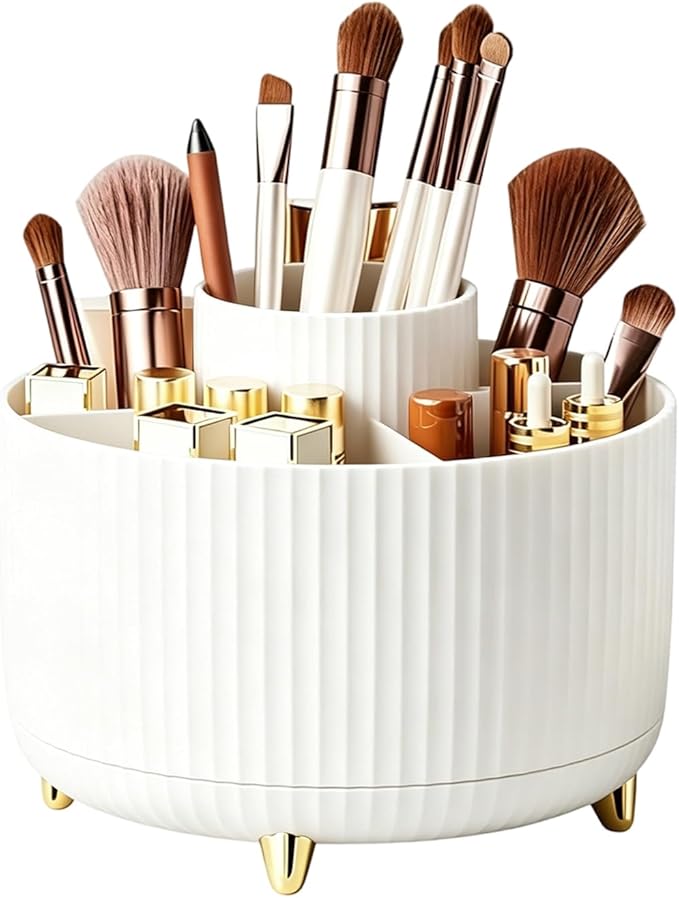Makeup Brush Holder, Makeup Brush Organizer Countertop, Skincare Makeup Cosmetic Perfume Organizer Storage Box Case for Vanity Bathroom Countertop(White)