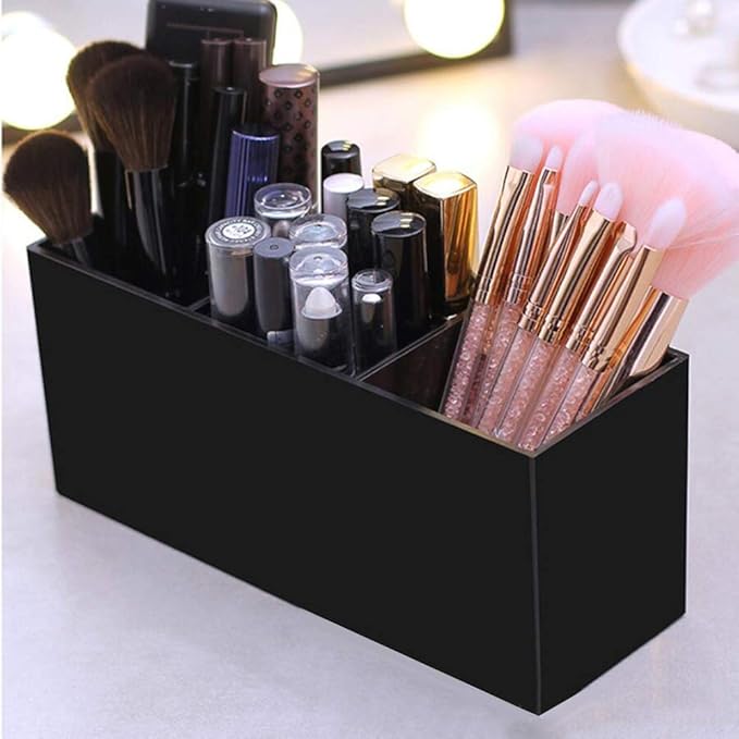 AKOAK 1 Pack Black and White Three Grid desktop Storage Box, Girl Makeup Brush Lipstick Eyebrow Pencil Display Stand, Office Pen Holder, Dressing Table, Bathroom Makeup Tool Storage Box (Black)