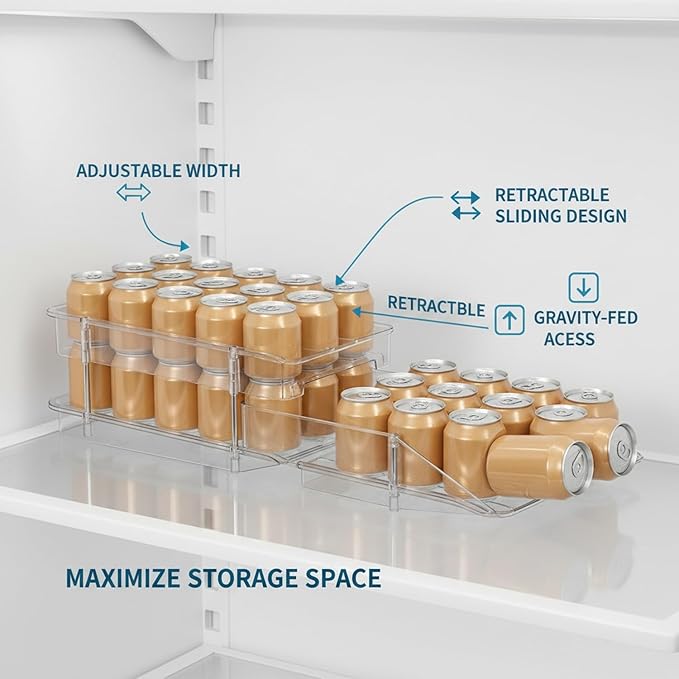 Retractable Can Organizer, Adjustable Width Sliding Dispenser for Refrigerator & Pantry, Clear Plastic Storage Rack for Soda Cans and Bottles (1 PC)