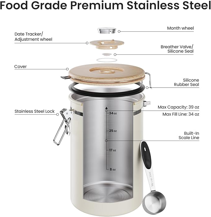Veken Coffee Canister, 39OZ Large, Mothers Day Gifts For Women, Airtight Stainless Steel Food Storage Container for 2.2lbs Coffee Beans, Ground, Sugar, Tea, Flour, Cereal,Kitchen Bar Accessories,Cream