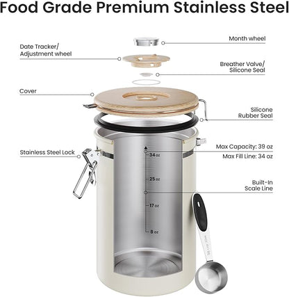 Veken Coffee Canister, 39OZ Large, Mothers Day Gifts For Women, Airtight Stainless Steel Food Storage Container for 2.2lbs Coffee Beans, Ground, Sugar, Tea, Flour, Cereal,Kitchen Bar Accessories,Cream