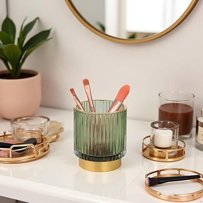Green Makeup Brush Holder, Glass Toothbrush Holders for Bathrooms, Gold Pen Holder for Desk, Vintage Make Up Brush Holder Vanity Organizer for Brushes, Lipstick, Eyebrow Pencil