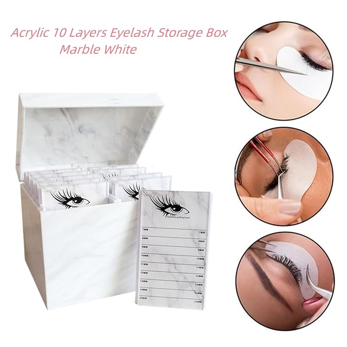 10 Layers Acrylic Eyelash Storage Box,Eyelash Holder Extension Tool,Makeup Organizer False Eyelashes Glue Pallet Holder, Grafting Eye lashes Close-Packed Display with 10 Pallets (Marble White)